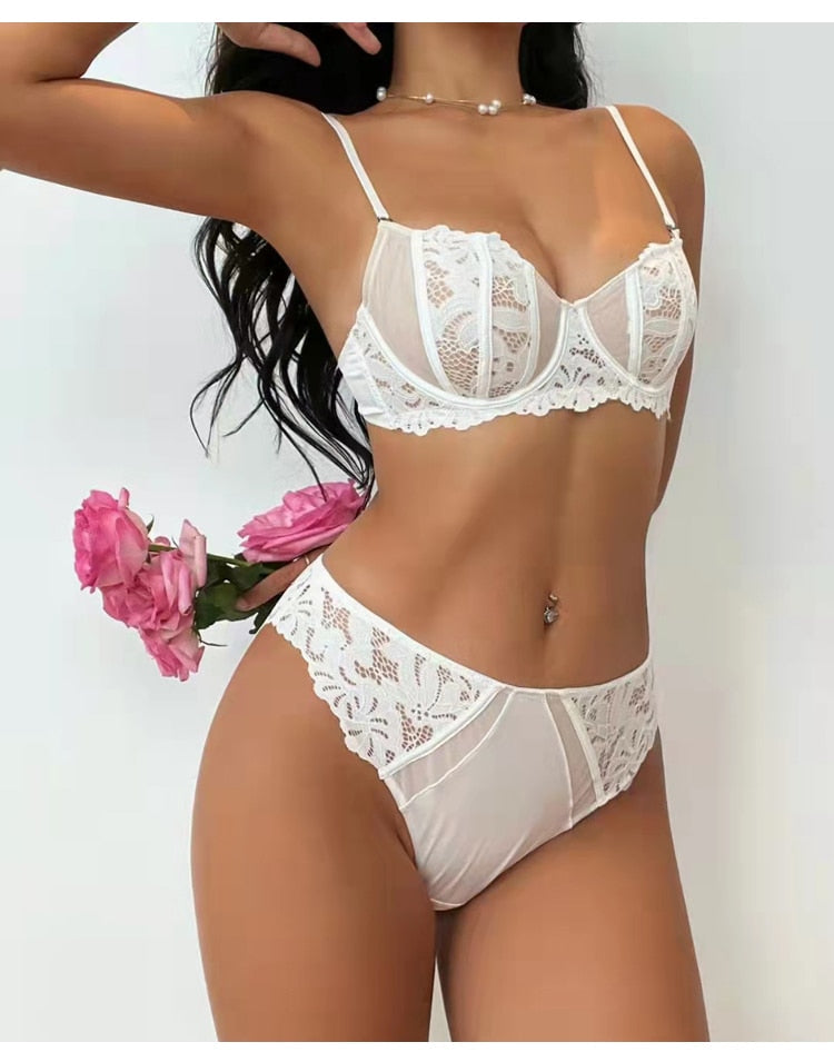 French Ultra Thin Lace Underwear Sets Push Up Brassiere Transparent Bra Lingerie Female Underwire Panties Set