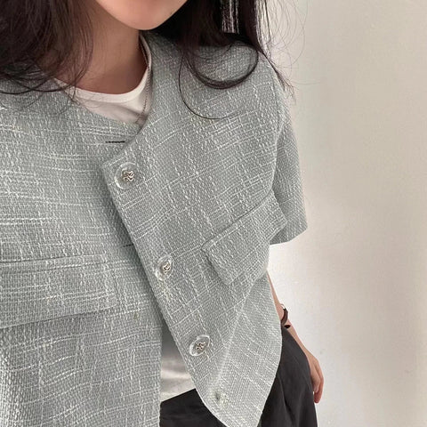 Korean Office Style Round Neck Tweed Jacket