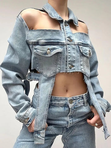 Open Shoulder Irregular Style Crop Denim Coat