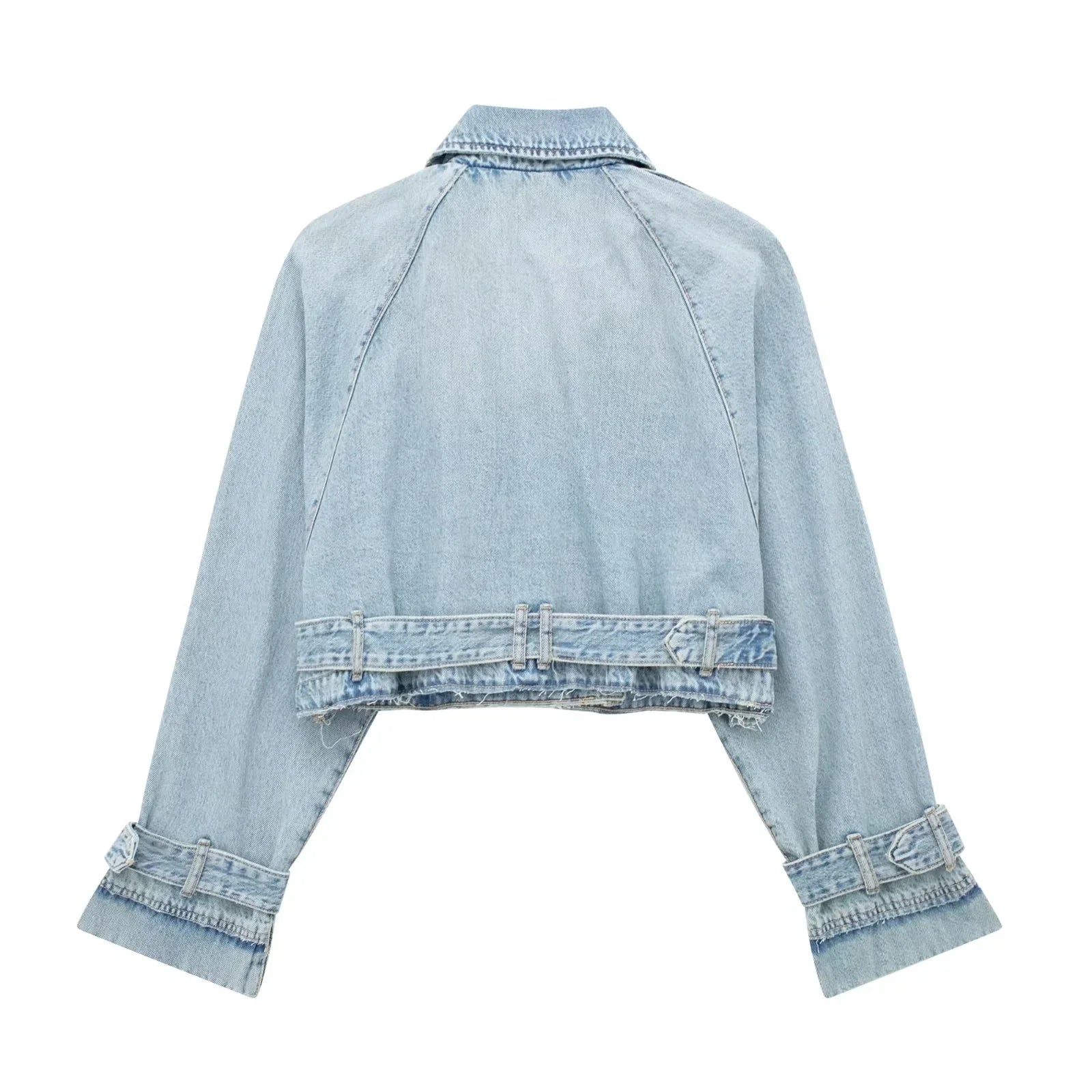 Long Sleeve Crop Top Belted Design Spring Denim Jackets