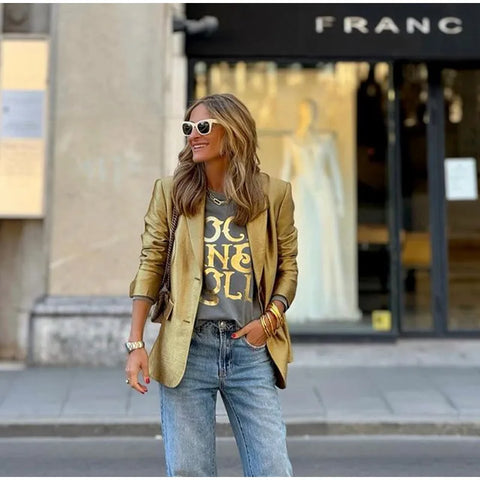 Gold V-Neck Blazer: Stylish Autumn Jacket's 2024 Fashion