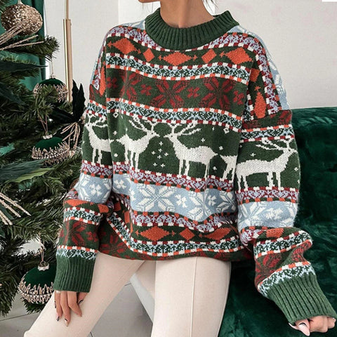 Christmas Knit Sweater: Elegant Snowflake Deer Pattern