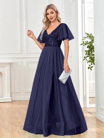 A Line V Neck Long Formal Dress with Sequins - Blue