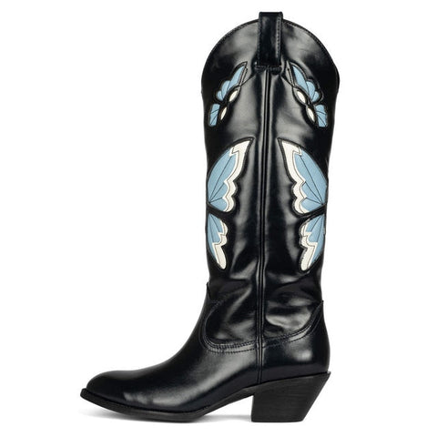 Butterfly Embroidered Pointed Toe Stacked Heel Mid Calf Boots