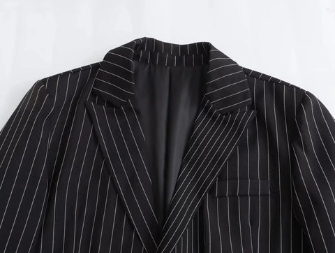 Striped V-Neck Blazer: Casual Office for 2024 Autumn with Pockets