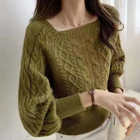 Square Neck Thicken Rib Lantern Sleeve Sweaters