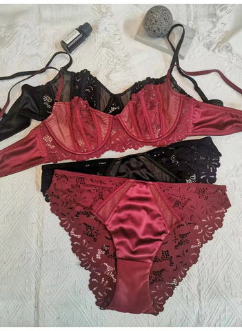 Französische ultradünne Spitzenunterwäsche-Sets Push-Up-Büstenhalter Transparenter BH Dessous Weibliches Bügel-Höschen-Set