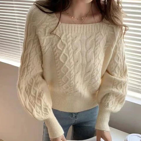 Square Neck Thicken Rib Lantern Sleeve Sweaters