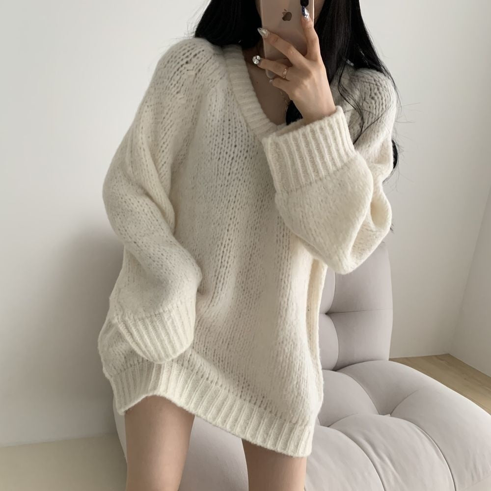 Graue, lockere Strickpullover mit V-Ausschnitt