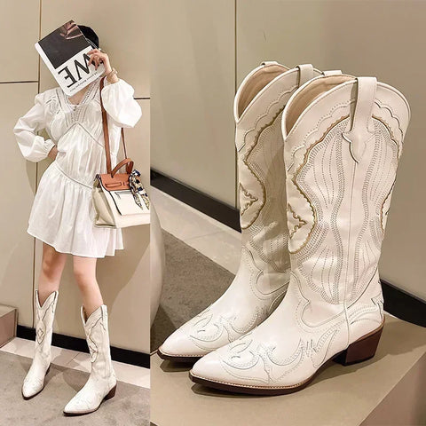 Elegant Art Work Embroidered Western Mid Calf Boots