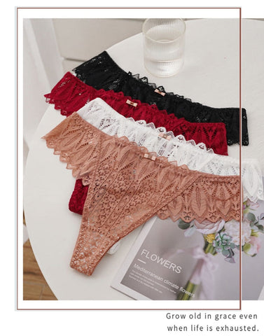 3PCS/Set Lace Panties Low-waist G String Thong Underwear Female Hollow Out T-Back Lingerie