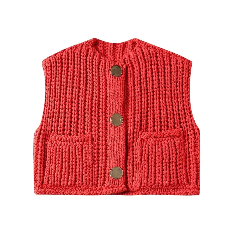 Red Knit Cropped Sleeveless Vest