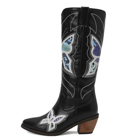 Butterfly Embroidered Pointed Toe Stacked Heel Mid Calf Boots