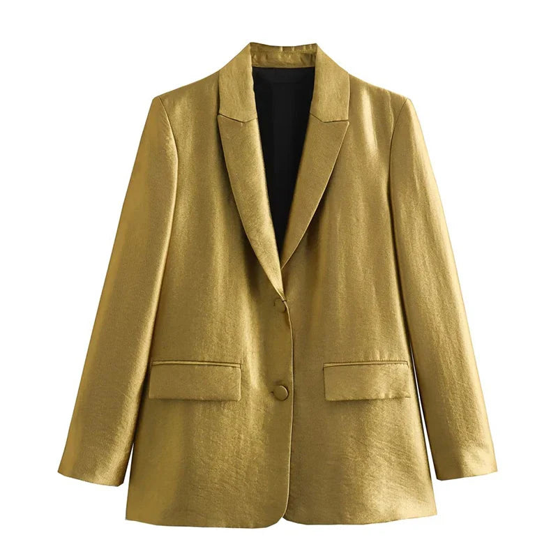 Gold V-Neck Blazer: Stylish Autumn Jacket's 2024 Fashion