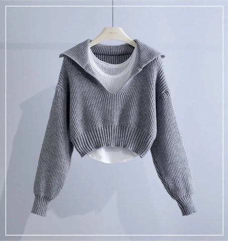 Deep V-Neck Lapel Collar Two-Pieces Sweaters