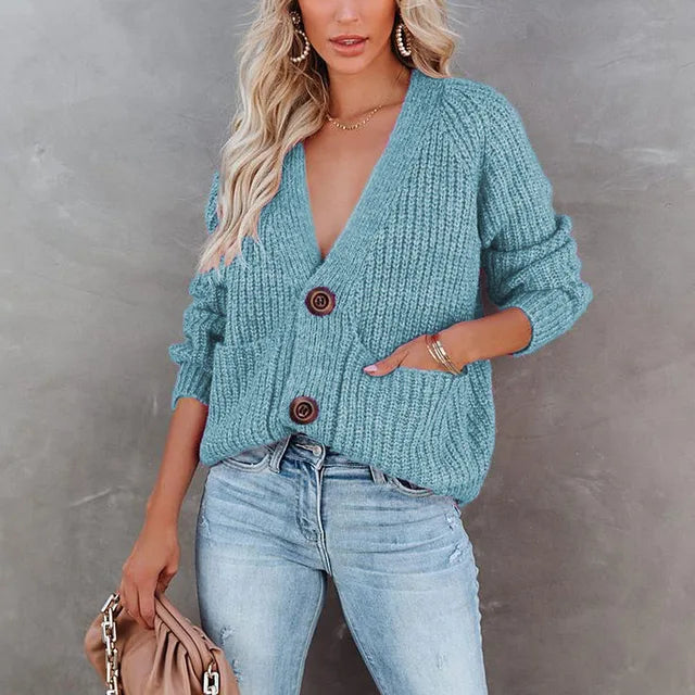 Big Classic Button Deep V-Neck Cardigan