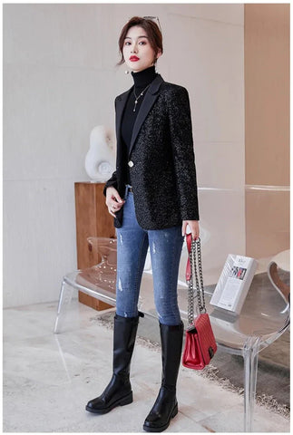 Sequined Shiny Long Sleeve Casual Office Style Blazer Coat