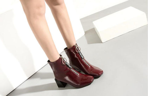 Square Heel Patent Leather Brillant Ankle Boots