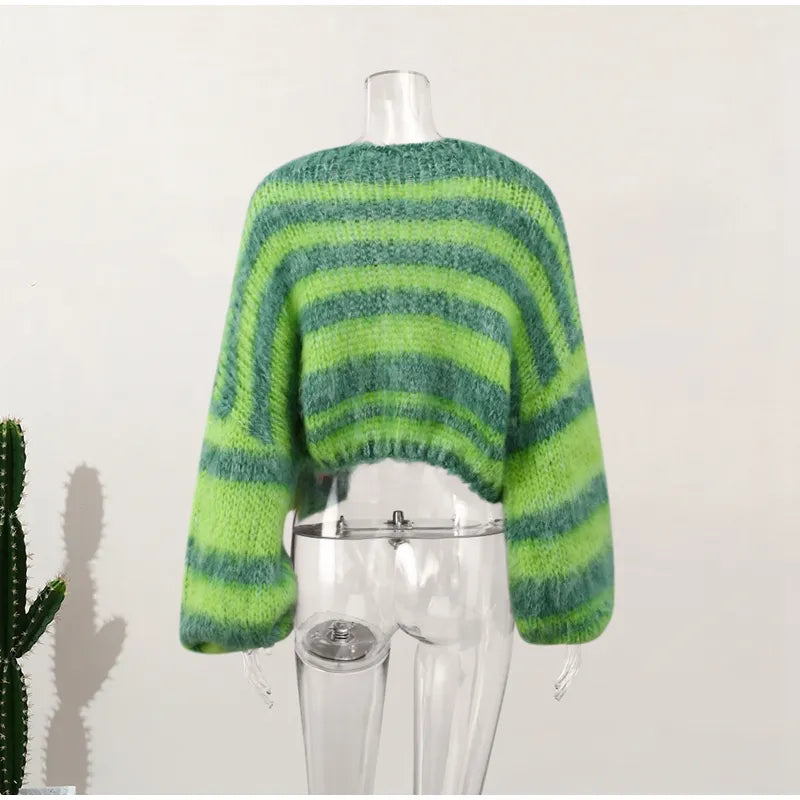 All Green Striped Cool Winter Cardigan Sweaters