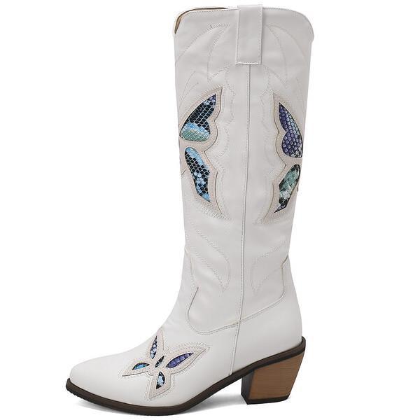 Butterfly Embroidered Pointed Toe Stacked Heel Mid Calf Boots