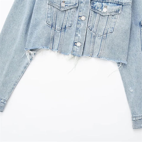 High Street Style Woman Casual Blue Cropped Denim Jacket