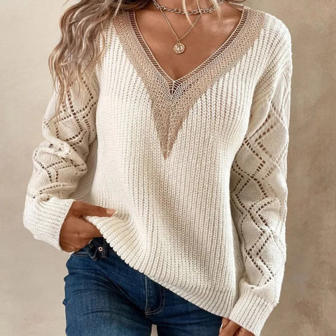 Lace V-Neck Knitted Long Sleeve Sweaters