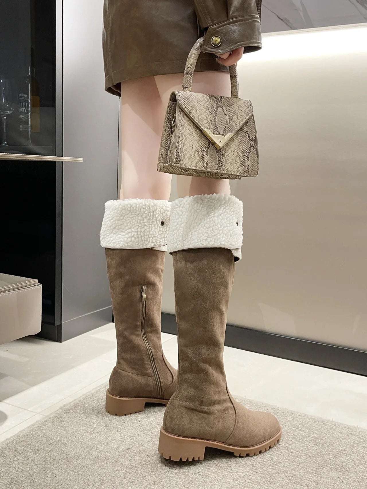 2024 Modern Knee-High Suede Boots: Square Heel, Winter Shoes