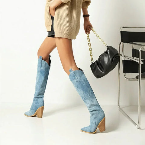 Western Cowgirl Style Denim Long Knee High Boots