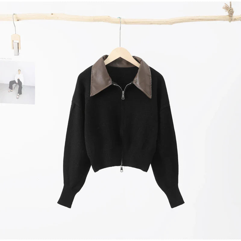 Chic Knitted Cardigan: PU Collar, Loose Sweater for 2024 Autumn