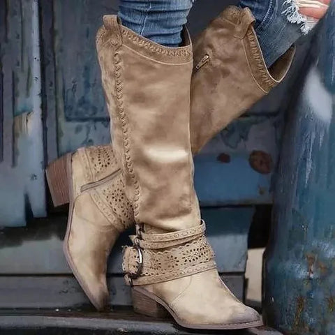 Hollow Out Big Buckle Western Cowboy Boots