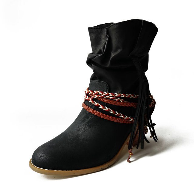 Retro Ethnic Western Cowboy Style Round Toe Block Heel Tassel Boots