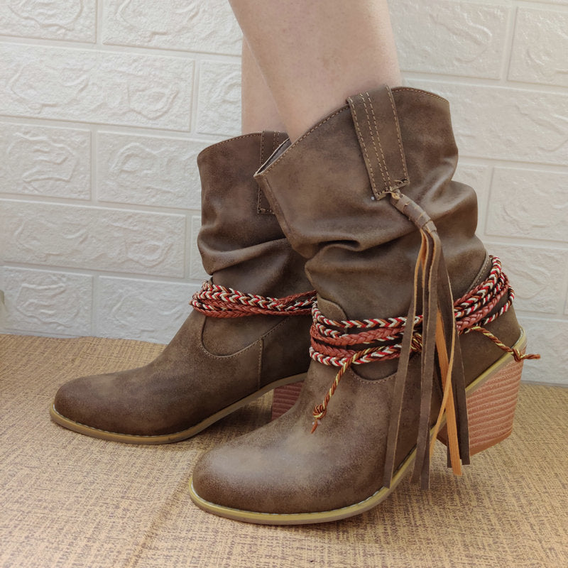 Retro-Ethno-Western-Cowboy-Stil, runde Zehenpartie, Blockabsatz, Quastenstiefel