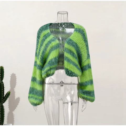 All Green Striped Cool Winter Cardigan Sweaters