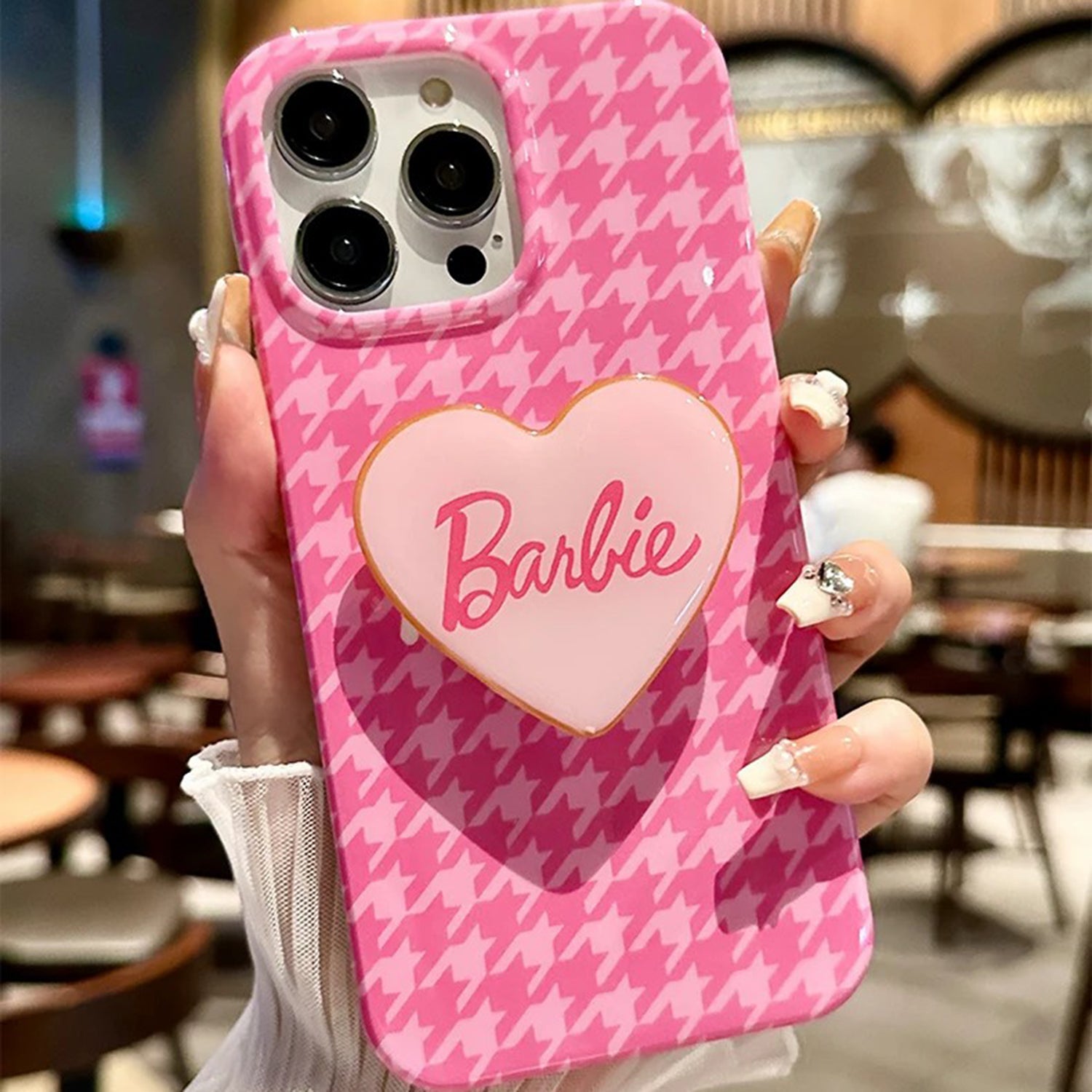 Barbie Pink Houndstooth iPhone Hülle Einfache Barbie Girl Handyhülle Kompatibel mit iPhone 15 14 13 12 11 Serie