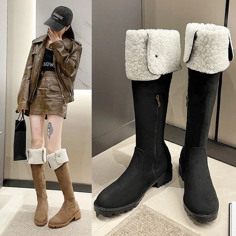 2024 Modern Knee-High Suede Boots: Square Heel, Winter Shoes