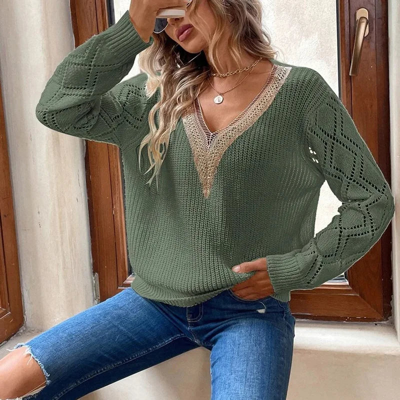 Lace V-Neck Knitted Long Sleeve Sweaters