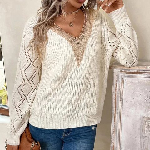 Lace V-Neck Knitted Long Sleeve Sweaters