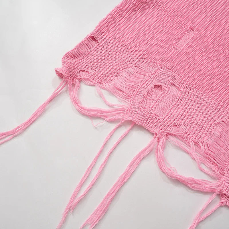 Distressed Ripped Tassel Down Pink Sweater