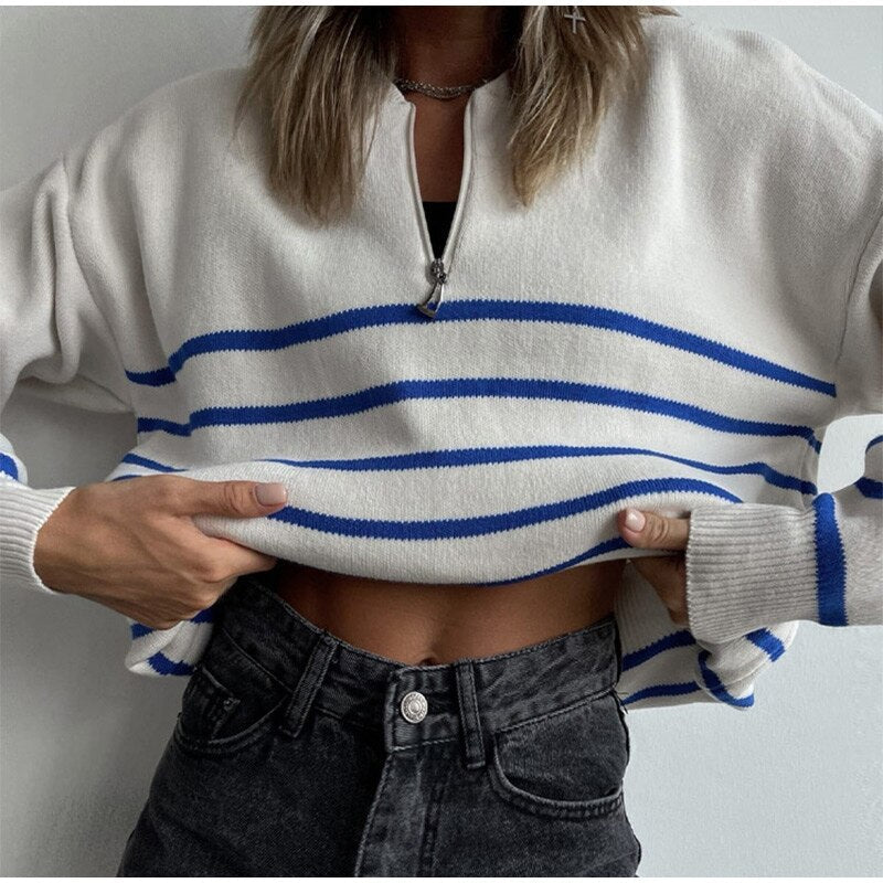 Blue Striped V-Neck Buttoned Autumn Winter Sweater