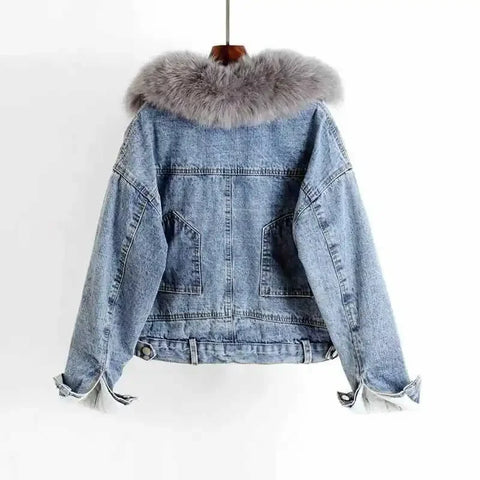 Wool Inside Fur Plush Neck Crop Denim Jackets