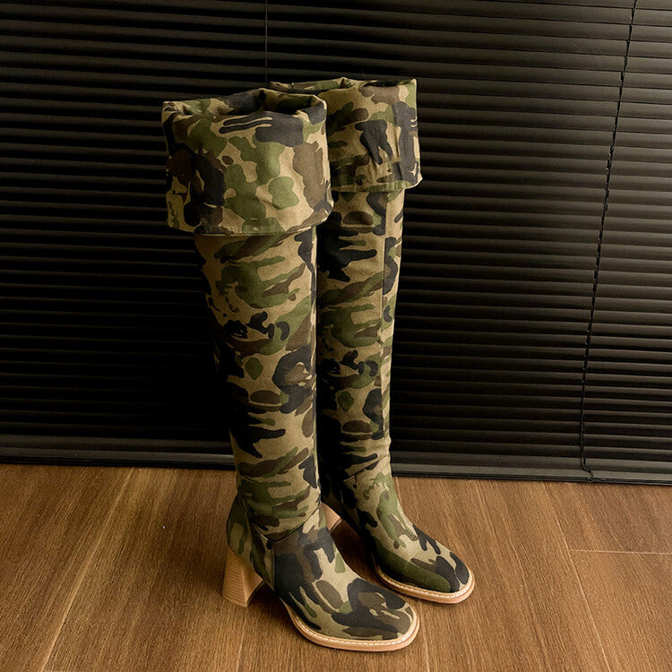 Street Style High Heel Designer Camouflage Boots