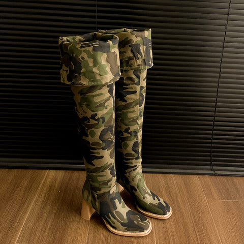 Street Style High Heel Designer Camouflage Stiefel