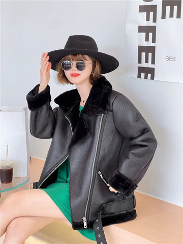 2024 Extra Thick Lamb Leather Rider Jacket with Faux Fur