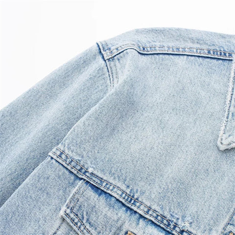 High Street Style Woman Casual Blue Cropped Denim Jacket