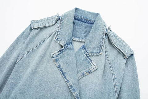 Long Sleeve Crop Top Belted Design Spring Denim Jackets