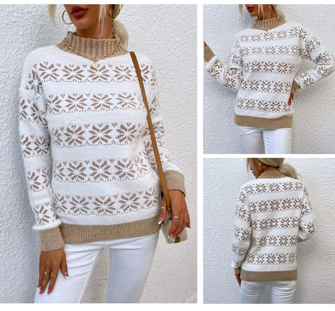 Rollkragenpullover mit Schneeflocken-Strick: Herbst-/Winter-Stil