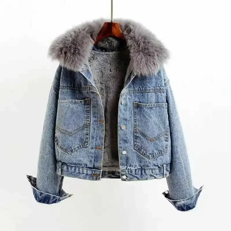 Wool Inside Fur Plush Neck Crop Denim Jackets