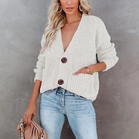 Big Classic Button Deep V-Neck Cardigan