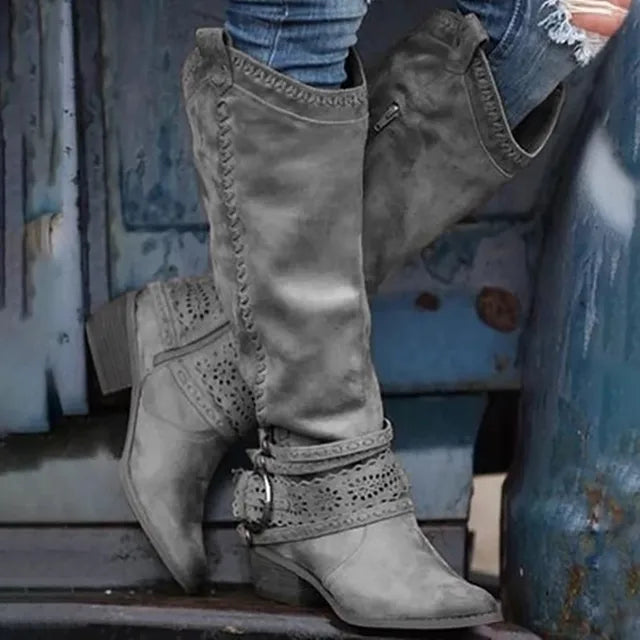 Hollow Out Big Buckle Western Cowboy Boots