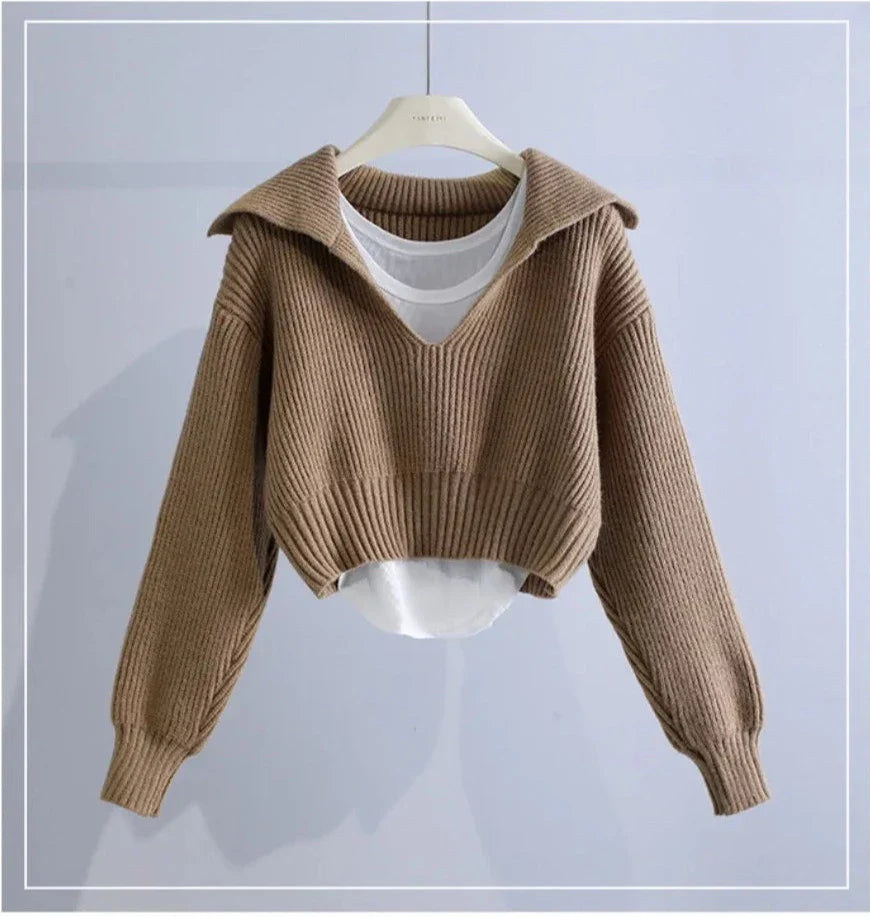 Deep V-Neck Lapel Collar Two-Pieces Sweaters